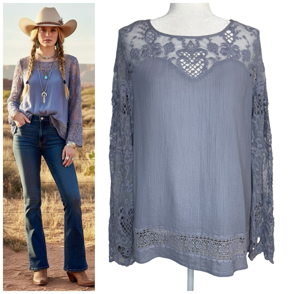 Sundance Floral Crochet Lace Top M Long Sleeve Cotton Gauze Blue Boho‎ Cottage